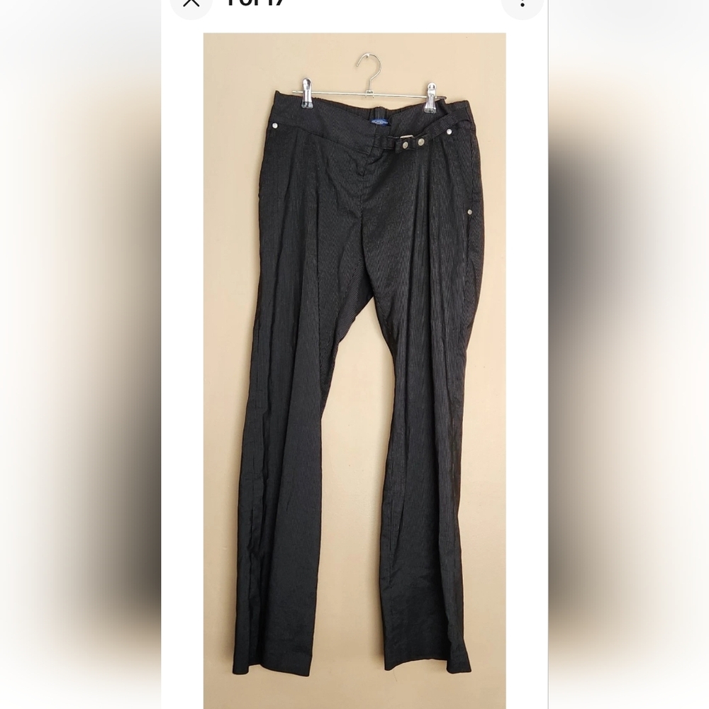 Thyme Maternity Black Dress Pants W/White Pinstripes  Wide Leg Pockets Belt Sz M